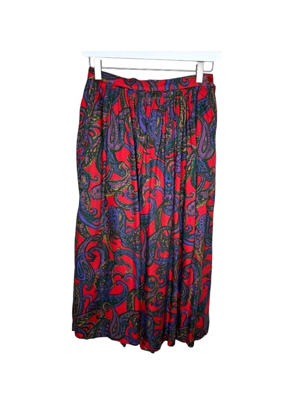 Vintage 70s 80s Red Paisley Pleated Midi-Length Skirt, Size 6